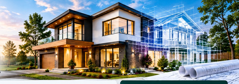 Photorealistic modern home with architectural blueprint overlay at golden hour
